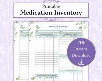 Läkemedelsinventering utskrivbar PDF | Läkemedelsorganisatörslogg | Inventeringsspårare Medicinskt inventering | Läkemedelsinventering