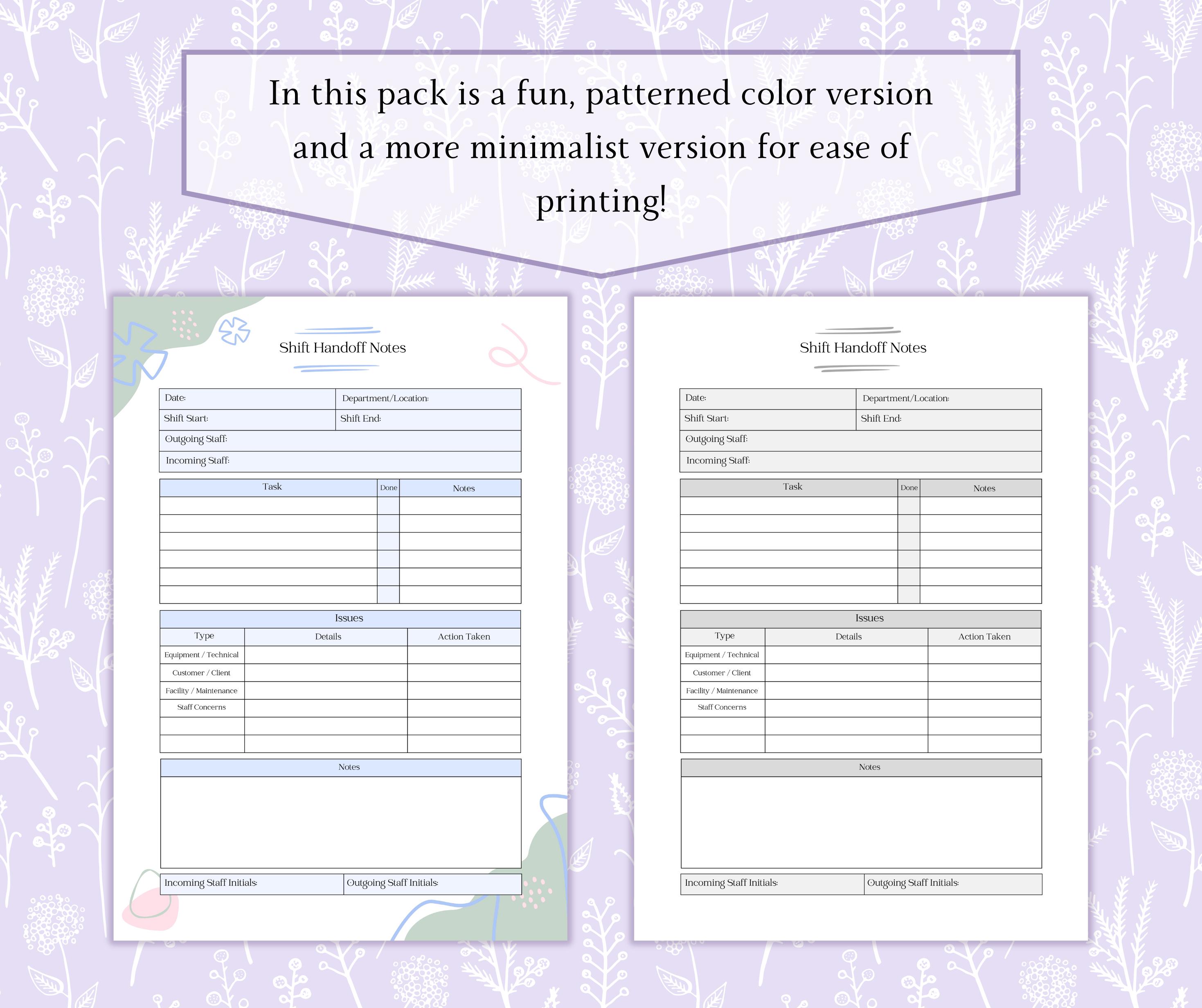 Shift Handoff Notes Printable PDF | Shift Change Log | Employee Shift ...