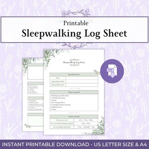 以下が含まれることがあります： 睡眠時随伴症記録シートの印刷用ドキュメント。エピソードの詳細、発生状況、その他の情報を記入するセクションがあります。白い用紙にはセージグリーンのアクセントと花のイラストが施され、紫色のPDFダウンロードアイコンが表示されています。