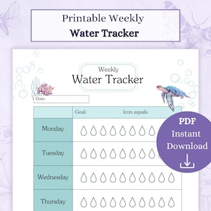 Könnte beinhalten: Druckbarer wöchentlicher Wasser-Tracker mit einem Design aus Meeresschildkröte und Korallenriff. Der Tracker hat Platz für das Datum, das Ziel und einen Abschnitt für jeden Tag der Woche mit Wassertropfen-Symbolen, um die Wasseraufnahme zu verfolgen.