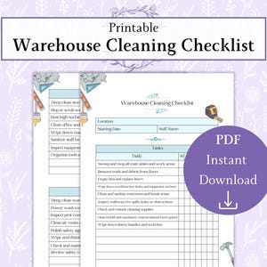 May include: Printable warehouse cleaning checklist with a purple PDF instant download button. The checklist includes tasks such as sweeping, mopping, removing trash, and sanitizing surfaces. The text "Warehouse Cleaning Checklist" is at the top.