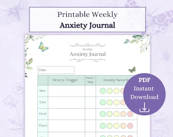 Journal de l'anxiété imprimable PDF | Feuilles de travail hebdomadaires sur l'anxiété | Notes de thérapie | Tableau des sentiments | Déclencheurs d'anxiété