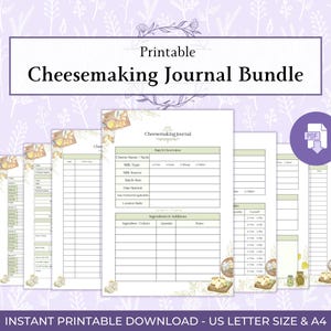 May include: Printable Cheesemaking Journal Bundle with a floral design. The journal includes pages for recording cheese-making details, with sections for batch overview, ingredients, and notes. The text "Printable Cheesemaking Journal Bundle" is displayed at the top.