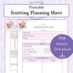 Knitting Project Planner Printable PDF, Knitting Planner, Knitting Journal, Knitting Organizer, Knitting Worksheet