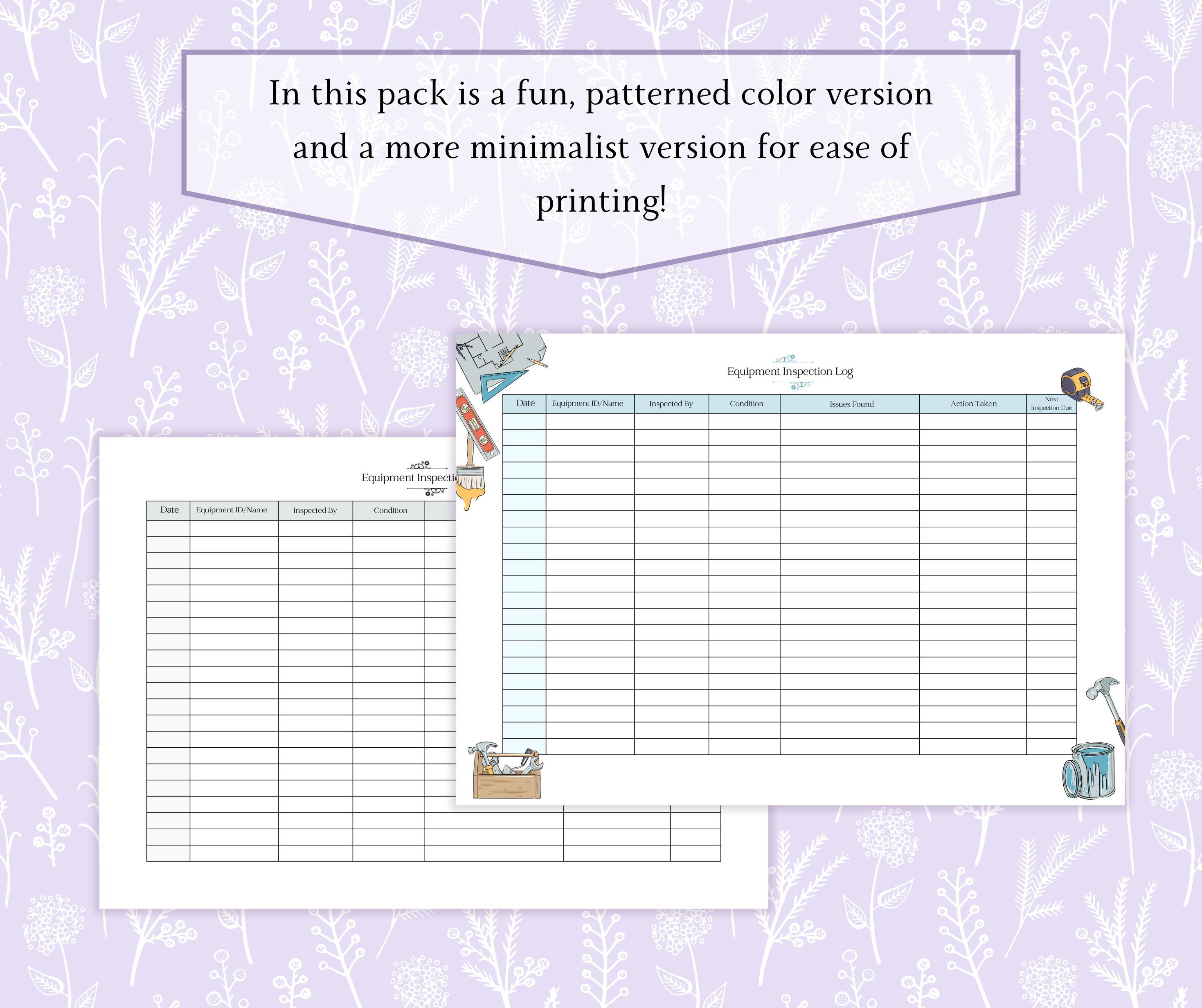 Equipment Inspection Log Printable PDF | Tool Inspection Sheet ...