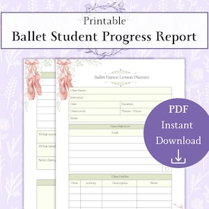 Könnte beinhalten: Druckbarer Ballett-Schüler-Fortschrittsbericht mit einer Illustration von Ballettschuhen. Der Bericht enthält Abschnitte für Klassenname, Lehrer, Datum, Klassenstufe und Musik. Ein lila Kreis mit dem Text "PDF Sofort-Download" befindet sich auf der rechten Seite.