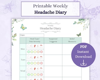 Headache Diary Printable PDF | Weekly Migraine Tracker | Symptom Tracker | Migraine Printable Medical Tracker