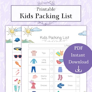 May include: Printable checklist for packing children's clothes for a trip. The checklist includes items like tops, long-sleeved shirts, trousers, shorts, skirts, dresses, socks, and shoes. The checklist is illustrated with cartoon images of clothing.