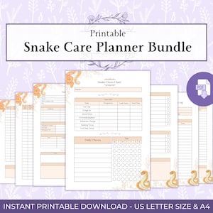 May include: Printable Snake Care Planner Bundle with a PDF icon. The bundle includes several pages with charts and checklists for tracking snake care. The design features floral accents and the text "Snake Care Planner Bundle".