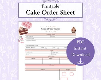 Peut inclure: Feuille de commande de gâteau imprimable avec un design rose et blanc. La feuille comprend des sections pour les coordonnées du client, les détails de l'événement, les détails du gâteau, les allergies et une zone de croquis. Il y a une case à cocher pour les modes de paiement en espèces, par carte ou autres. La feuille comprend également une section pour la forme du gâteau avec une option carrée et ronde.