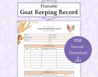 Goat Keeping Records Sheet Printable PDF | Goat Log Book | Goat Journal | Livestock Records | Goat Record