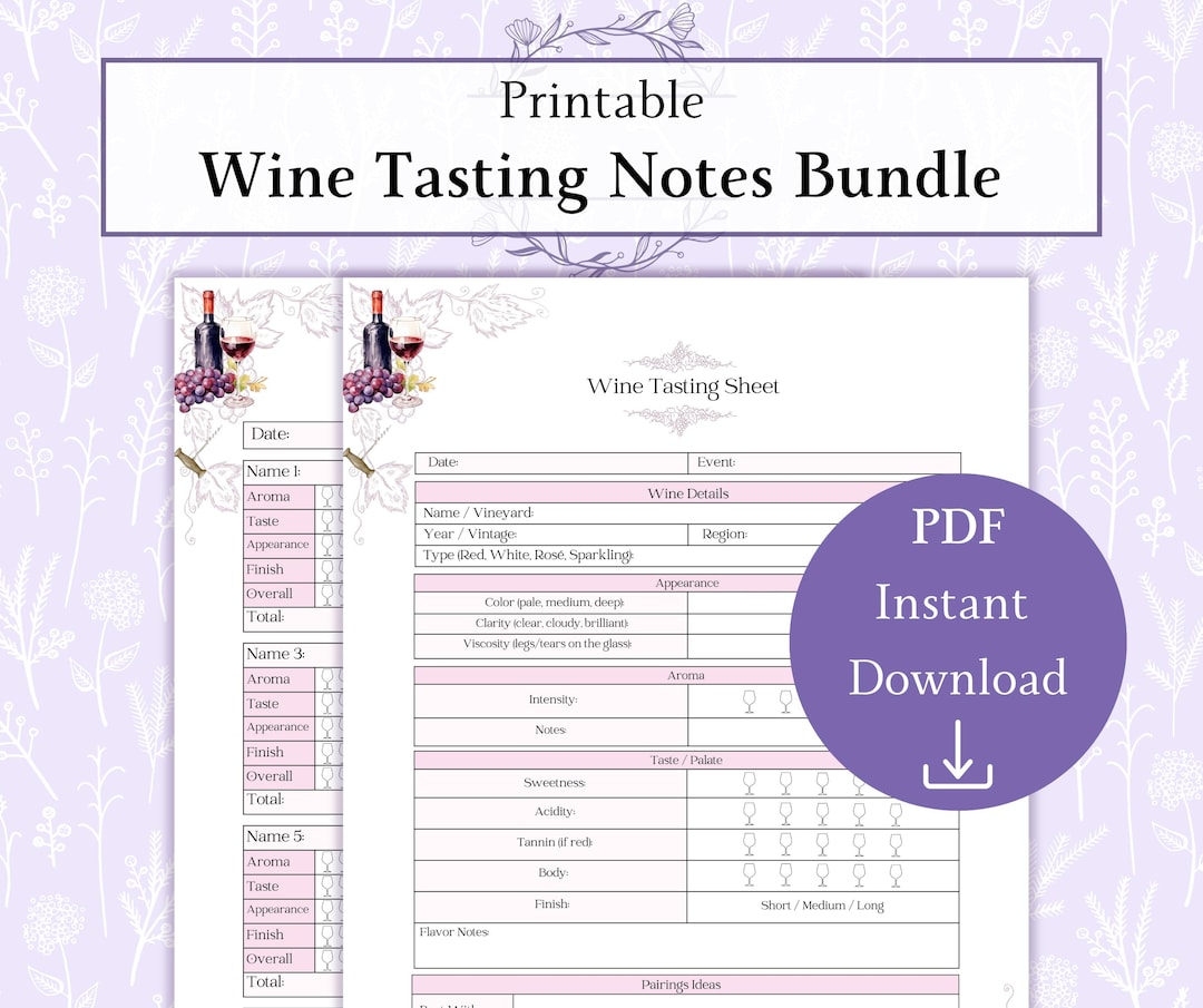Wine Tasting Notes Bundle Printable PDF, Wine Party Activity, Wine ...