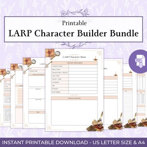 May include: A printable LARP Character Builder Bundle featuring multiple pages of character sheets with fields for name, species, class, and faction. The design includes illustrations of books, a quill, and a magnifying glass on a light background.