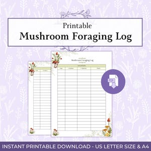 May include: A printable mushroom foraging log with a floral design. The log features a white background with lines for recording details. The text "Printable Mushroom Foraging Log" is displayed at the top. The bottom text reads "INSTANT PRINTABLE DOWNLOAD - US LETTER SIZE & A4".