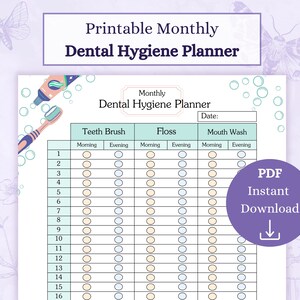 Planificador mensual de higiene dental PDF imprimible / Rastreador de cepillado de dientes / Diario de bienestar / Diario de cuidado de las encías / Rastreador de uso de hilo dental