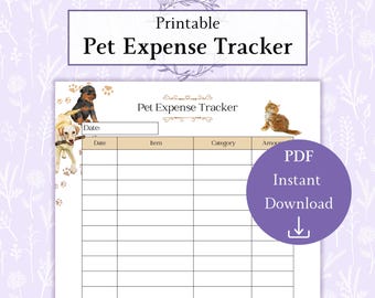 Suivi des dépenses pour animaux de compagnie PDF imprimable | Journal de soins pour animaux de compagnie | Tableau budgétaire des animaux de compagnie | Planificateur budgétaire | Note de frais