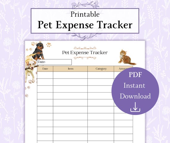Pet Expense Tracker Printable PDF | Pet Care Log | Pet Budget Chart | Budget Planner | Expense Record