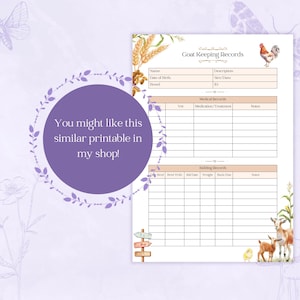 Puede incluir: Una hoja imprimible de registros de cr&iacute;a de cabras con un gallo, tallos de trigo y cabras. El documento incluye secciones para informaci&oacute;n general, registros m&eacute;dicos y de parto, con un c&iacute;rculo morado que dice You might like this similar printable in my shop!