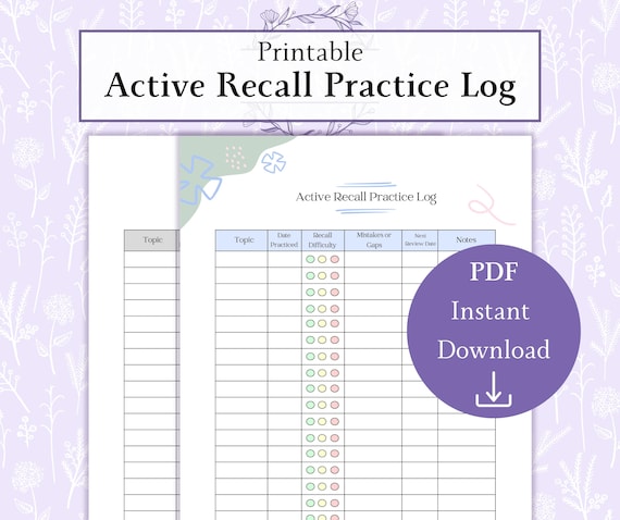 Active Recall Log Printable PDF, Revision Tracker, Study Log Template, Exam Prep Tracker, Memory Recall Sheet
