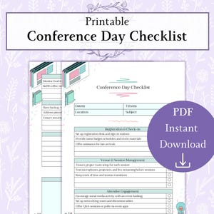 Puede incluir: Una lista de verificación imprimible para planificar un día de conferencia. La lista de verificación está dividida en secciones para el registro, la gestión del lugar y las sesiones, y la participación de los asistentes. La lista de verificación está en un esquema de color azul claro y rosa con un botón de descarga morado.
