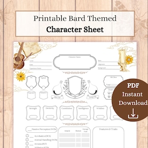 May include: Printable Dungeons and Dragons character sheet with a bard theme. The sheet features a lute, a crest, and a potion bottle. The sheet is designed for use with the fifth edition of Dungeons and Dragons.