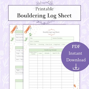 Puede incluir: Hoja de registro de búlder imprimible con secciones para la duración de la sesión, la ubicación del gimnasio y los intentos de búlder. La hoja incluye un círculo púrpura con el texto "Descarga instantánea PDF".