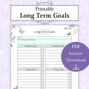 May include: A printable planner titled "Long Term Goals" with a floral and butterfly design. The planner includes sections for 3-month, 6-month, 1-year, and 5-year goals. A purple circle with the text "PDF Instant Download" is on the right.