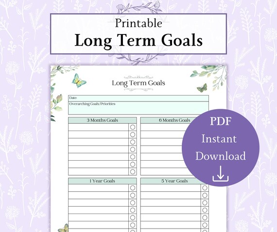 Long Term Goals Printable PDF | Goal Action Plan | Project Management | Strategic Plan | Long Term Planner