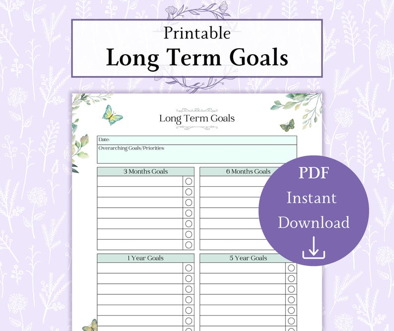 May include: A printable planner titled "Long Term Goals" with a floral and butterfly design. The planner includes sections for 3-month, 6-month, 1-year, and 5-year goals. A purple circle with the text "PDF Instant Download" is on the right.