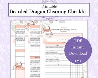 May include: Printable Bearded Dragon Cleaning Checklist. The document features a checklist with daily and monthly tasks for reptile care. Includes a purple circle with "PDF Instant Download" text and a downward arrow.