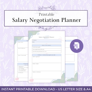 Peut inclure: Un planificateur de négociation salariale imprimable avec un fond floral. Le planificateur comprend des sections pour les détails de l'entreprise, les objectifs salariaux et les preuves justificatives. Le texte "Salary Negotiation Planner" est affiché en évidence.