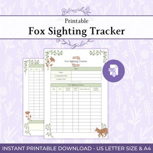 Può includere: Un documento stampabile per il monitoraggio degli avvistamenti di volpi con sfondo bianco, intestazioni verdi e illustrazioni botaniche. Il modulo include campi per nome, data, luogo e attività. È visibile un'icona viola di download PDF.