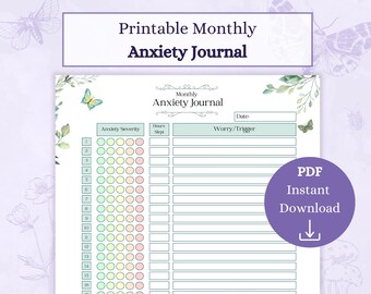 Journal mensuel de l'anxiété, PDF imprimable | Tableau des sentiments | Cahier d'exercices sur l'anxiété | Déclencheurs d'anxiété | Suivi des soucis