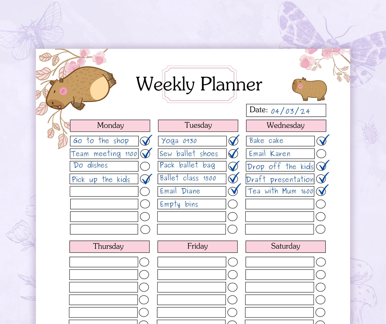 Capybara Daily Planner Printable PDF | Boho Daily Schedule | Hourly ...