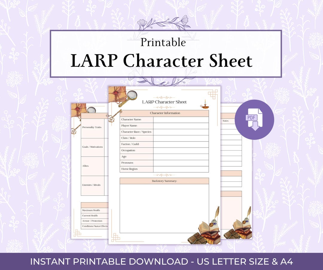 LARP Character Sheet Printable PDF, Fantasy Roleplay Character Tracker ...