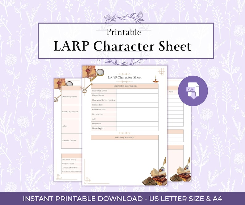 Larp Text LARP Character Sheet Printable PDF, Fantasy Roleplay Character Tracker ...