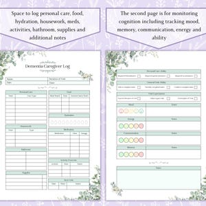 May include: A printable dementia caregiver log with sections for personal care, food, hydration, housework, medications, activities, bathroom, supplies, and additional notes. The second page is for monitoring cognition including tracking mood, memory, communication, energy, and ability.