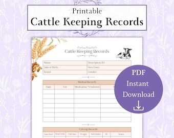 Cattle Keeping Records Sheet Printable PDF | Cattle Management | Cattle Log Book | Farm Management | Cow Record Sheet