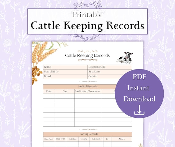 Cattle Keeping Records Sheet Printable PDF | Cattle Management | Cattle Log Book | Farm Management | Cow Record Sheet