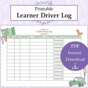 Logblad leerling bestuurder Afdrukbare pdf | Tracker voor rijlessen | Logboek rijsessies oefenen | Bestuurderslogboek leerling