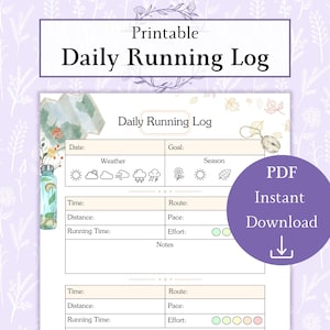 Afdrukbare pdf dagelijks hardlooplogboek | Hardloopschema | Hardlooplogboek | Fitnessdagboek | Joggingrecord hardlooprecord