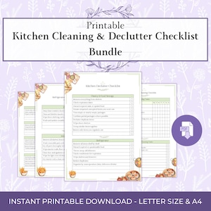 May include: A printable kitchen cleaning and declutter checklist bundle featuring multiple pages with green headers, task lists, and small food illustrations. The text reads Printable Kitchen Cleaning & Declutter Checklist Bundle and Instant Printable Download - Letter Size & A4.