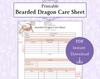 Bearded Dragon Care Sheet Printable PDF | Bearded Dragon Chart | Pet Care Information | Retile Tracker