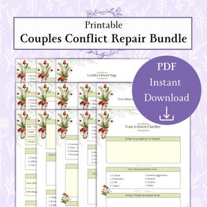 May include: Printable "Couples Conflict Repair Bundle" with a floral design. The bundle includes conflict debrief pages and a tone and intent clarifier. A purple circle with "PDF Instant Download" text is also visible.