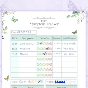 May include: A printable daily symptom tracker with a light green and blue color scheme. The tracker includes sections for date, time, symptom, severity, duration, relief measures, mood, water, food, and activities. The tracker is decorated with butterflies and floral elements.