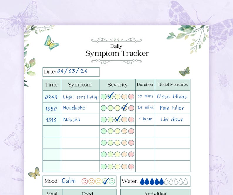 May include: A printable daily symptom tracker with a light green and blue color scheme. The tracker includes sections for date, time, symptom, severity, duration, relief measures, mood, water, food, and activities. The tracker is decorated with butterflies and floral elements.