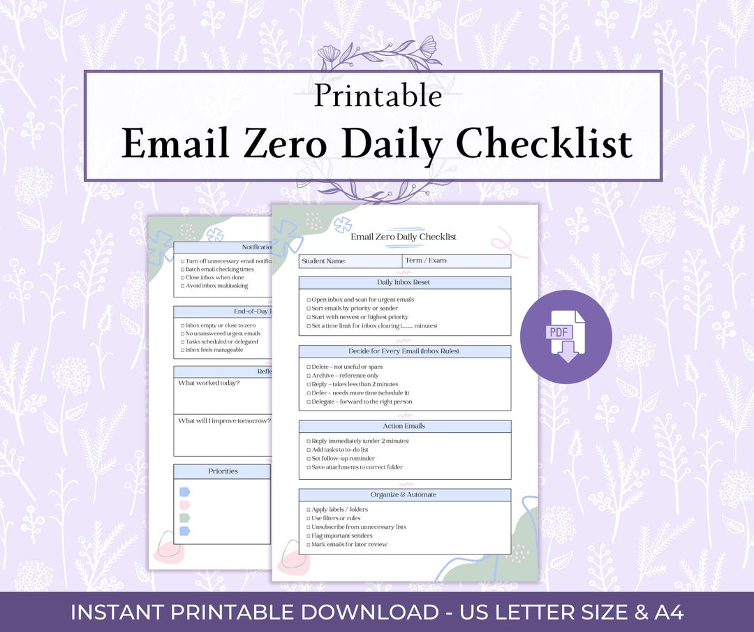 Inbox Checklist Email Zero Daily Checklist Printable PDF, Inbox Zero Planner, Email ...