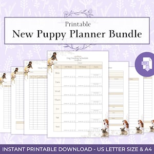 May include: A printable New Puppy Planner Bundle with various pages for tracking puppy care. The pages include a dog feeding schedule, house training, and other sections. The design features puppy illustrations and the text "New Puppy Planner Bundle".