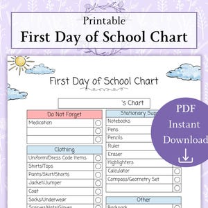 Tableau du premier jour d'école PDF imprimable | Liste de contrôle pour le premier jour d'école | Liste de choses à faire pour les sacs d'école | Retour à l'école