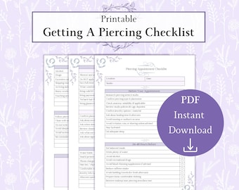 Piercing Checkliste Printable PDF, Piercing Termin Prep und Aftercare Guide, Checkliste für das erste Piercing, Piercing Planner PDF